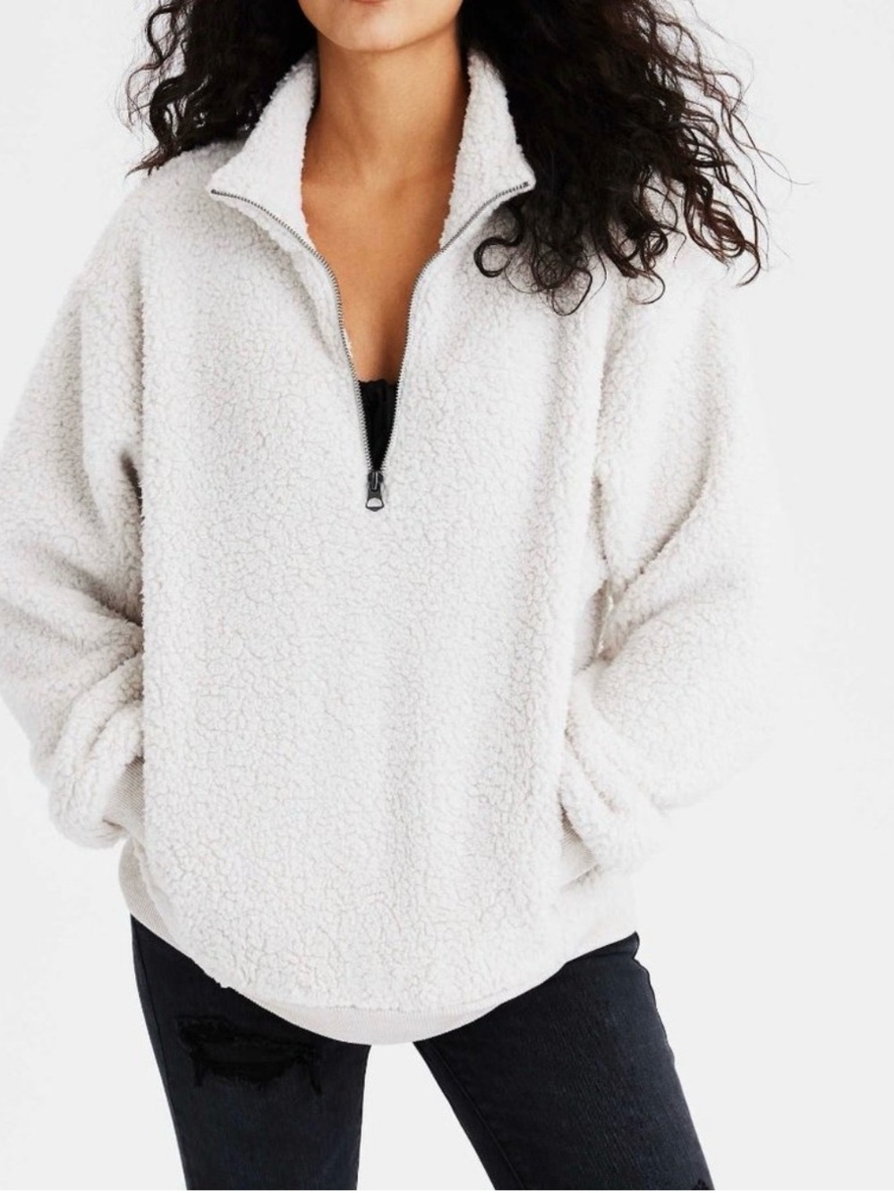 American Eagle L Cream Sherpa Quarter Zip Pullover Teddy Fleece Cozy Loungewear